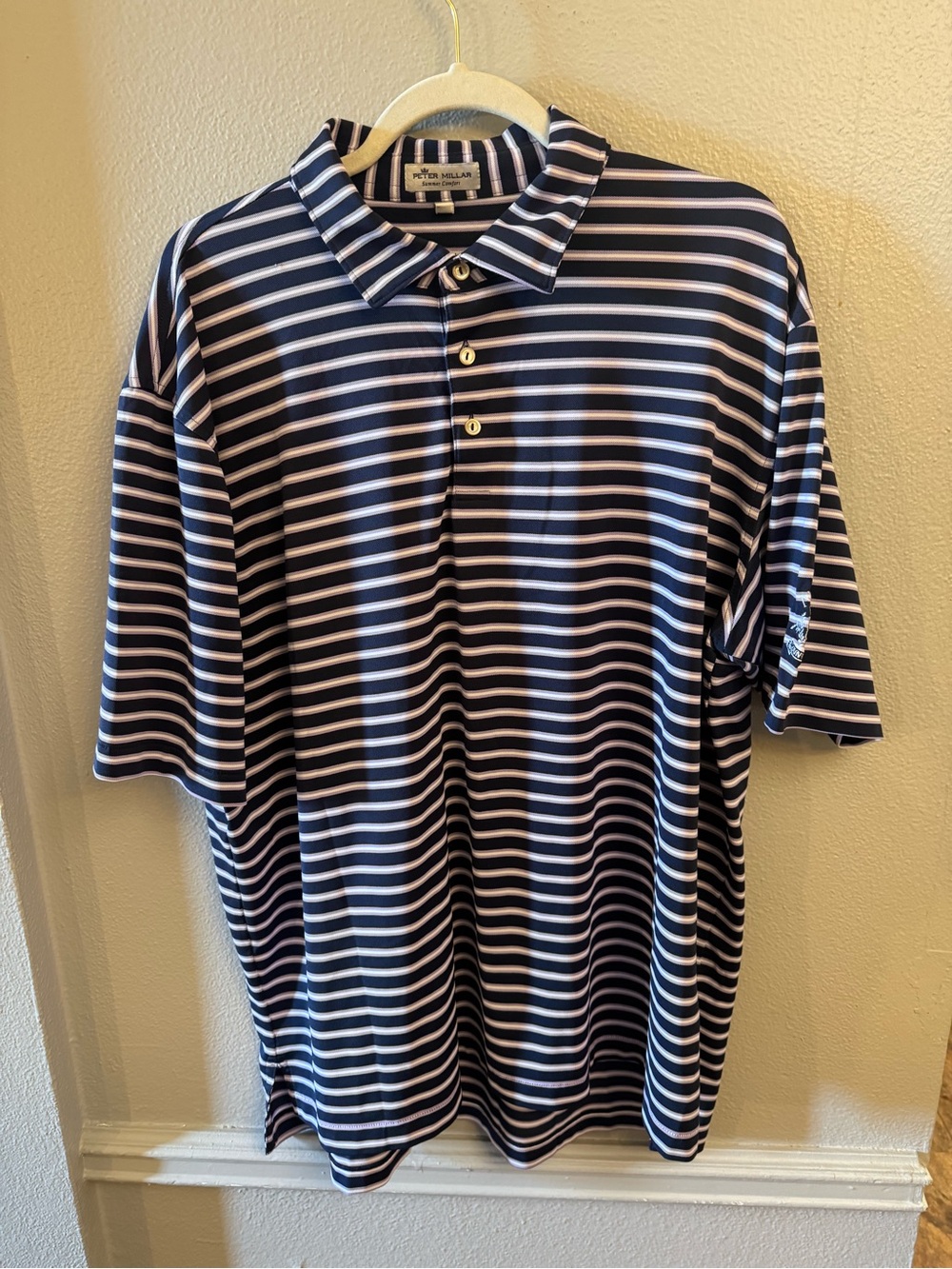 Peter Millar Navy and White Horizontal Stripe Polo
